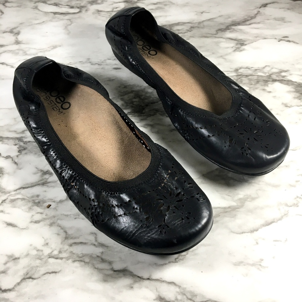 Abeo Black Round Toe Slip On Laser Cut Tamra Flats